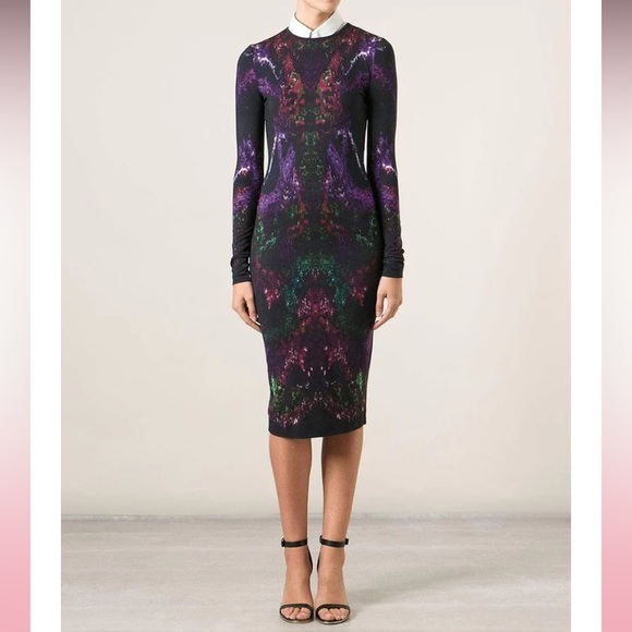Alexander McQueen Black Purple Green Feather Print Pencil Dress - Picture 1 of 15